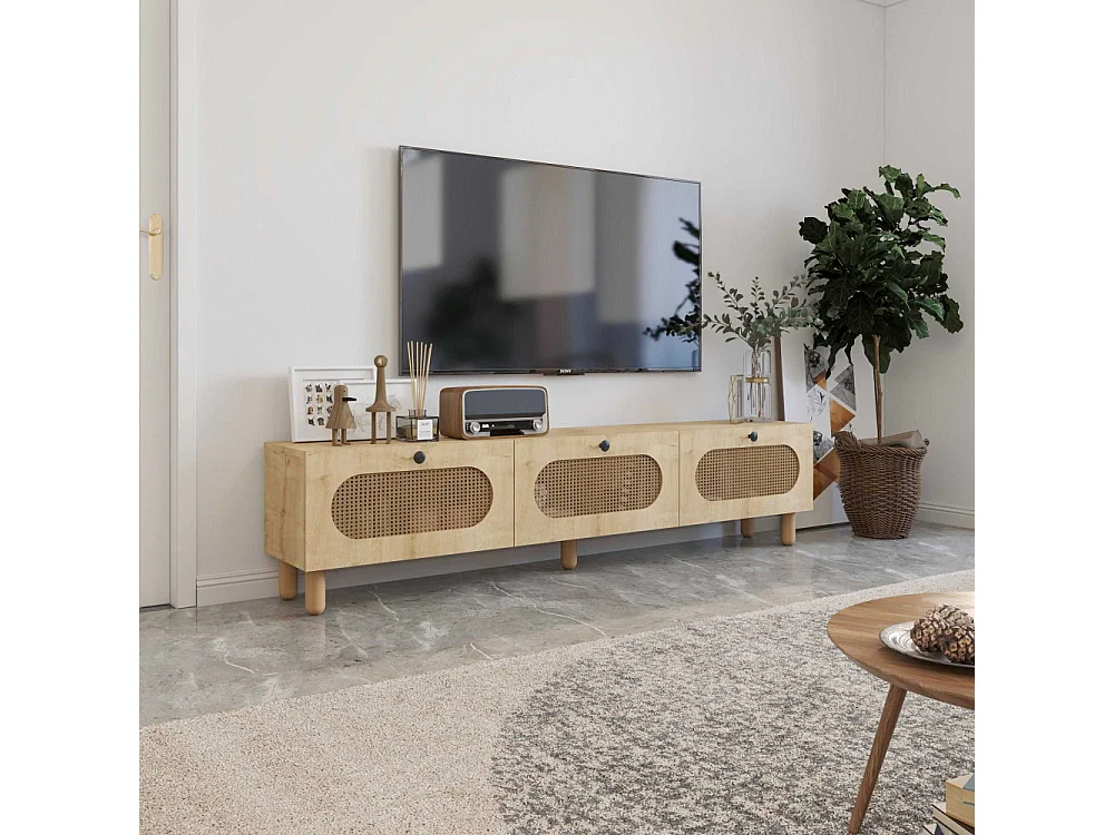 TV-Ständer – 180 cm – Saphir-Eiche und Rattan – MDF