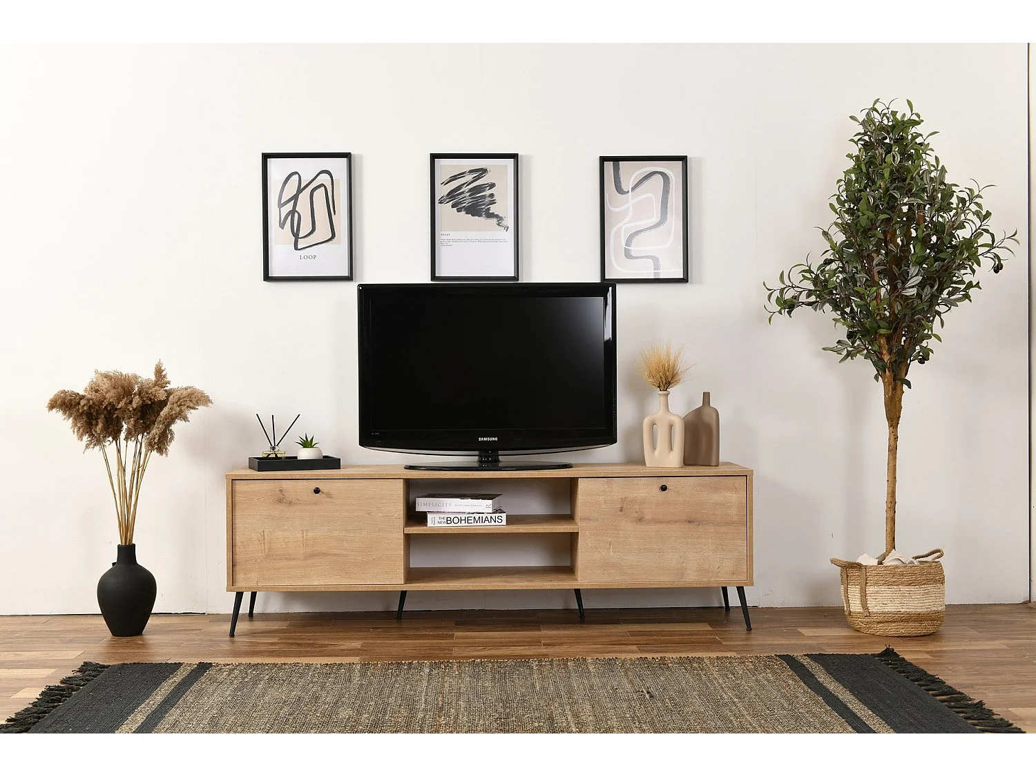 Meuble TV en aggloméré Calvin 180 x 41 x 55 cm - chêne