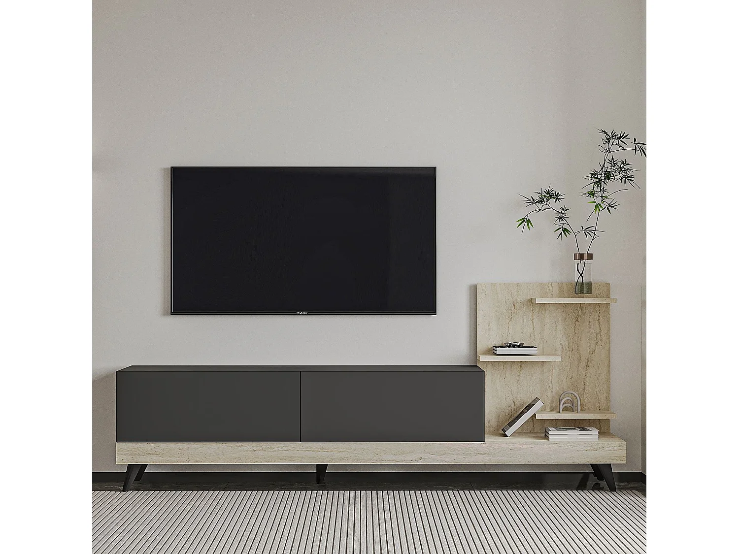 Móvel de TV – 180 cm x 82 cm – Antracite e Travertino – painel de partículas