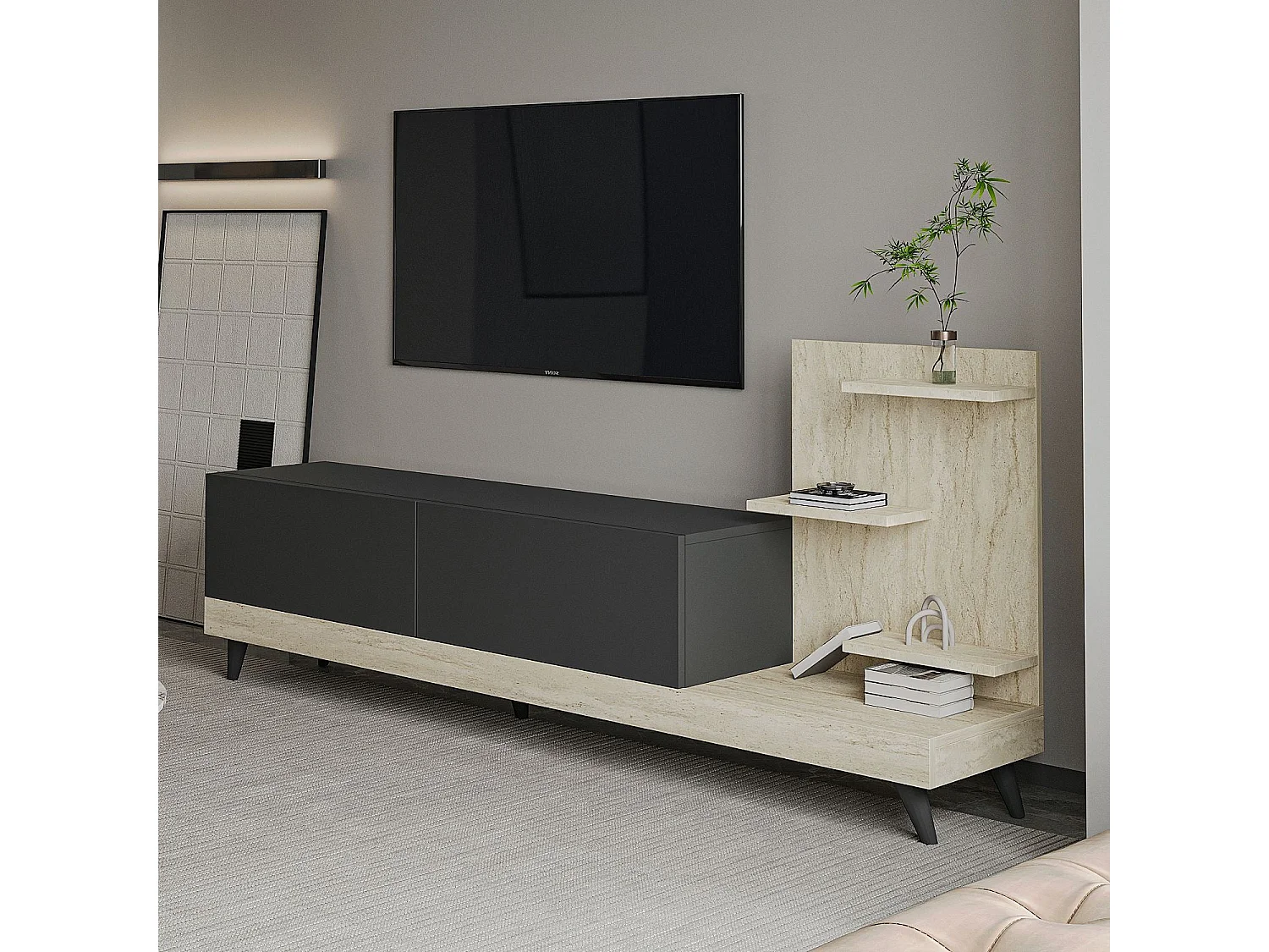 Móvel de TV – 180 cm x 82 cm – Antracite e Travertino – painel de partículas