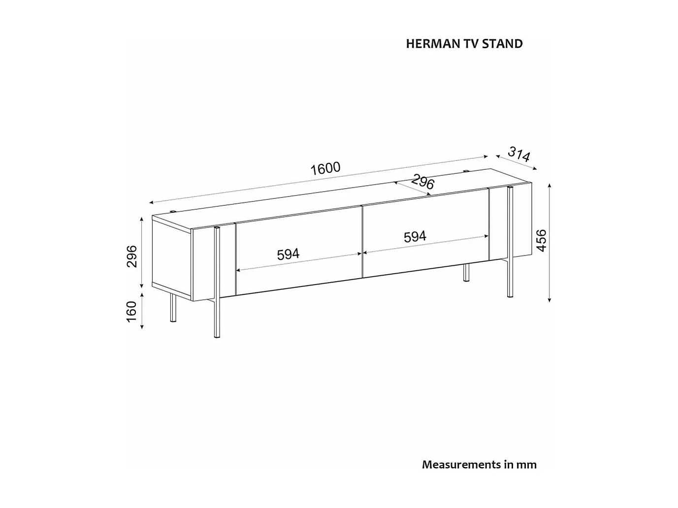 Móvel de TV – 160 cm x 45,6 cm x 31,4 cm – Cor Antracite – Painéis de partículas revestidos a melamina