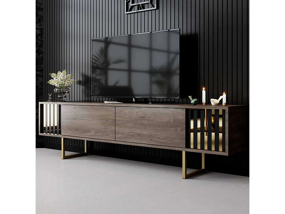Mueble de TV – 180cm x 30cm x 48cm – Nogal y Dorado – Tablero de partículas recubierto de melamina