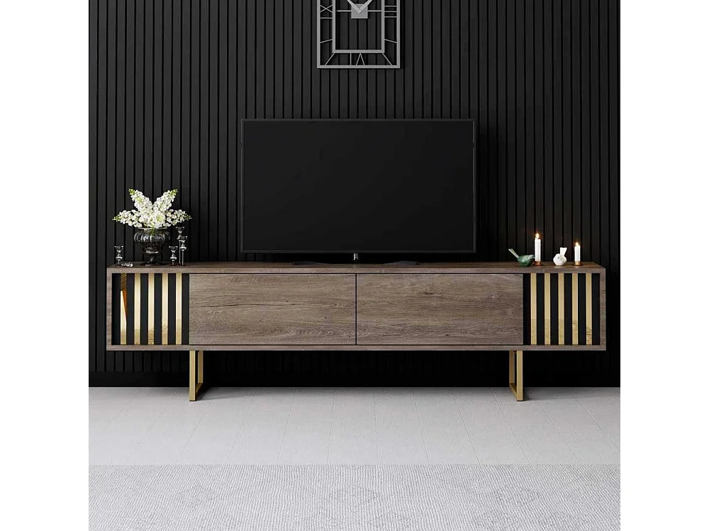 Mueble de TV – 180cm x 30cm x 48cm – Nogal y Dorado – Tablero de partículas recubierto de melamina