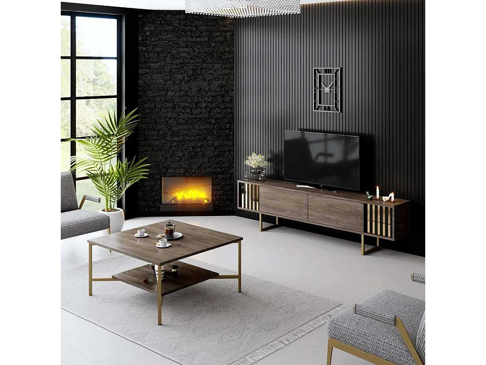 Mueble de TV – 180cm x 30cm x 48cm – Nogal y Dorado – Tablero de partículas recubierto de melamina