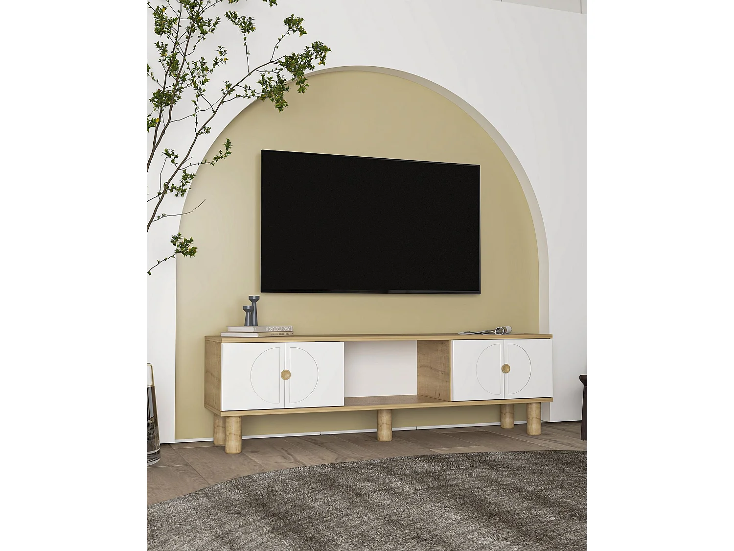 Mueble de TV – 150 cm x 40,6 cm – Roble Zafiro y Blanco – MDF