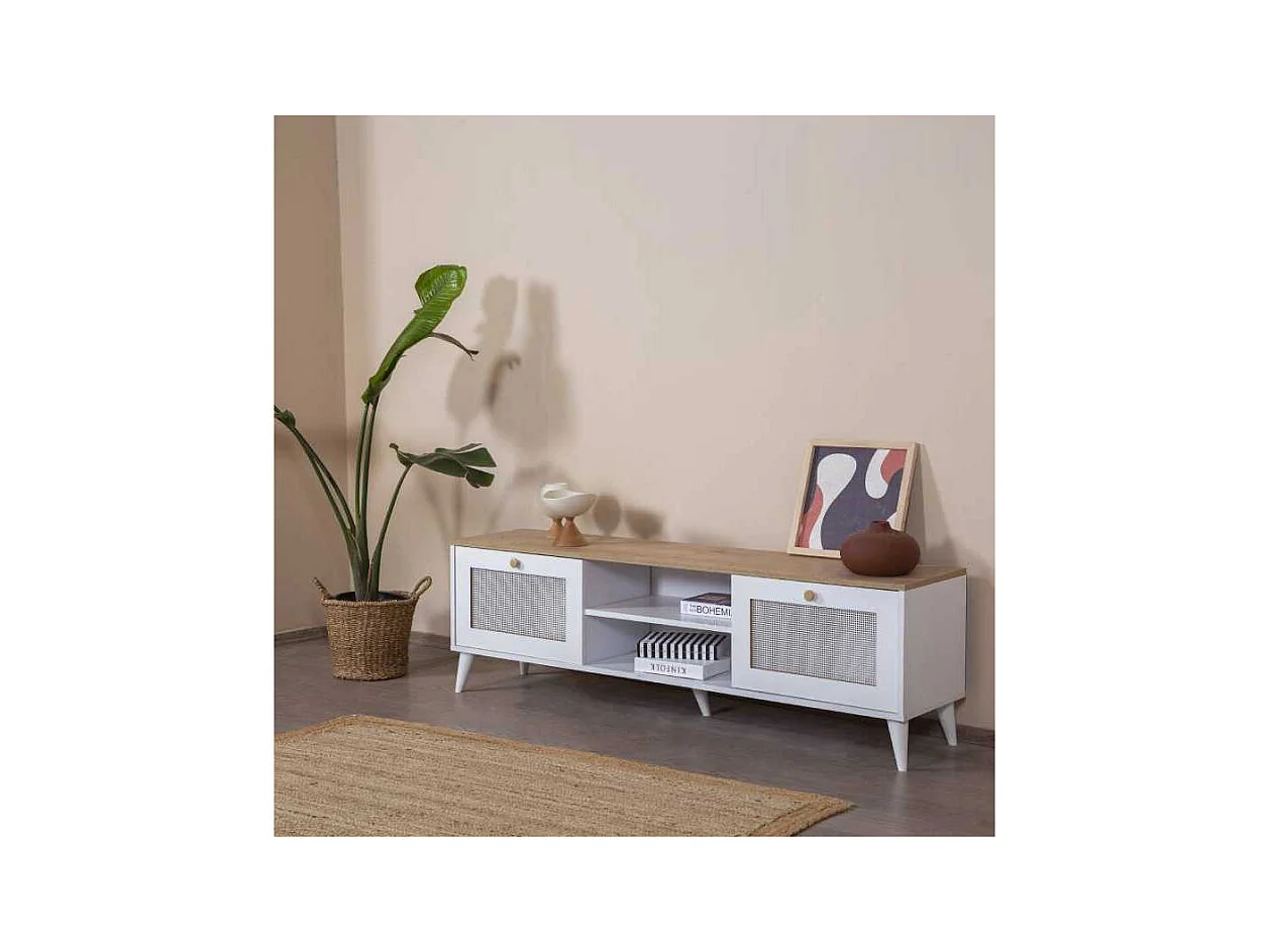 Meuble TV en aggloméré Calvin 180 x 41 x 55 cm - chêne et blanc