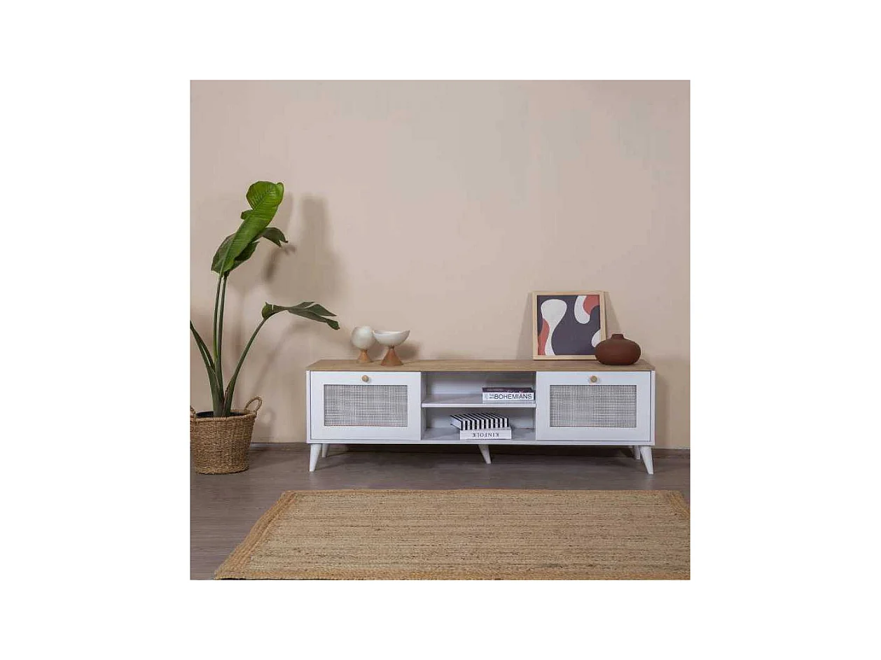 Meuble TV en aggloméré Calvin 180 x 41 x 55 cm - chêne et blanc