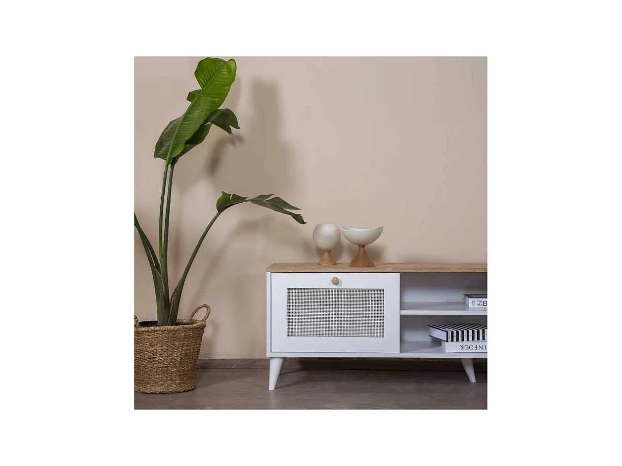 Meuble TV en aggloméré Calvin 180 x 41 x 55 cm - chêne et blanc