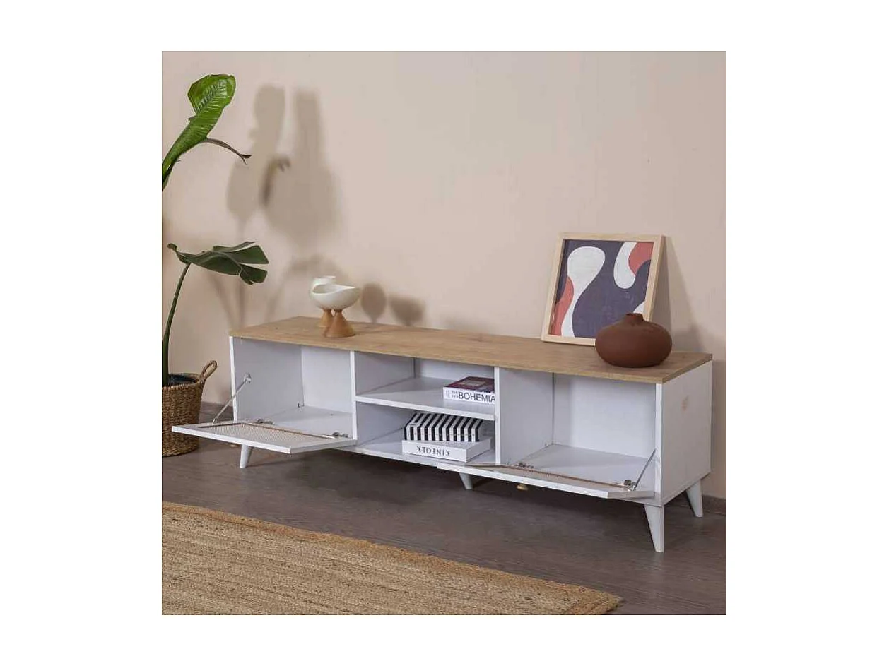 Meuble TV en aggloméré Calvin 180 x 41 x 55 cm - chêne et blanc