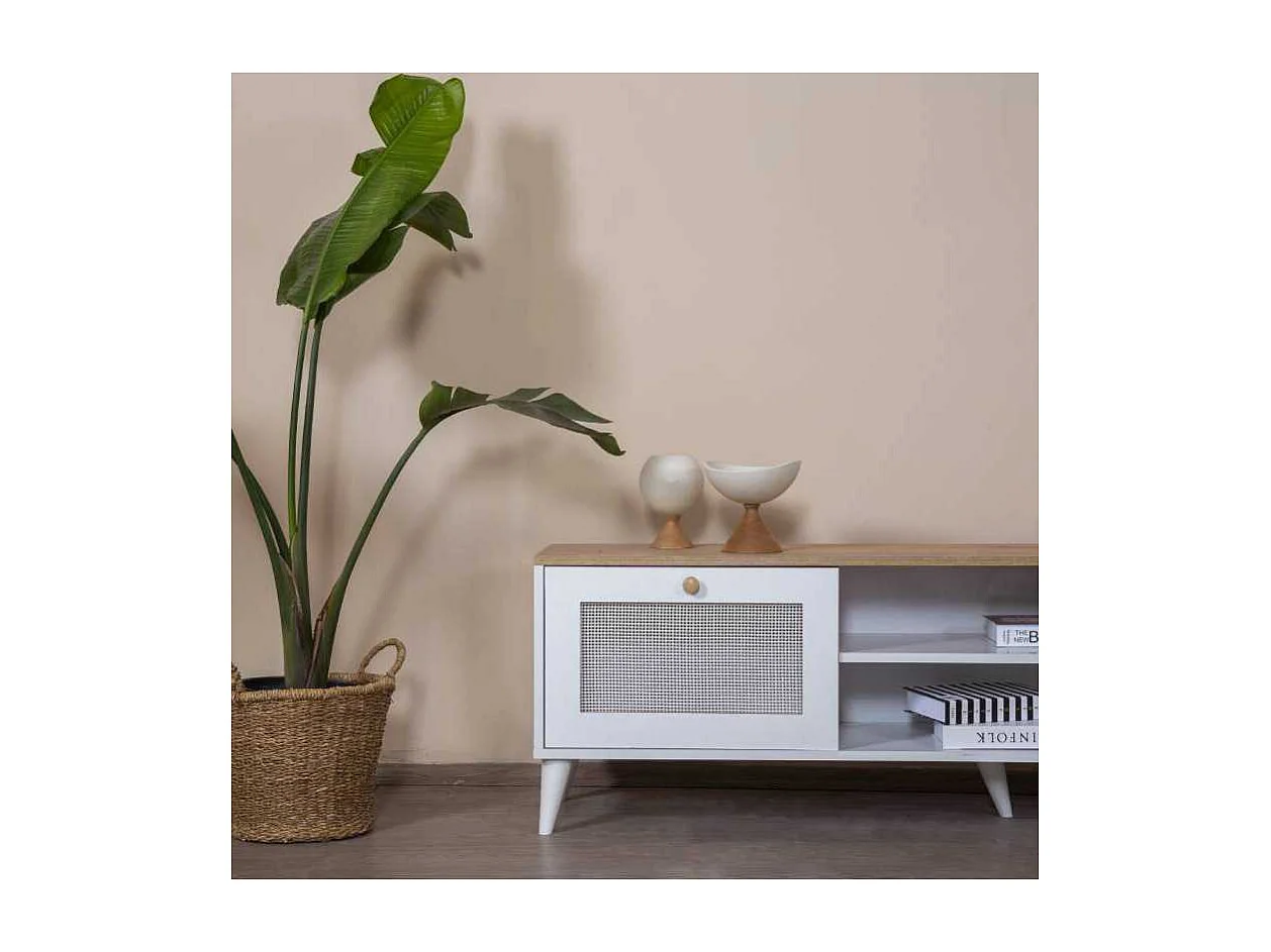 Meuble TV en aggloméré Calvin 180 x 41 x 55 cm - chêne et blanc