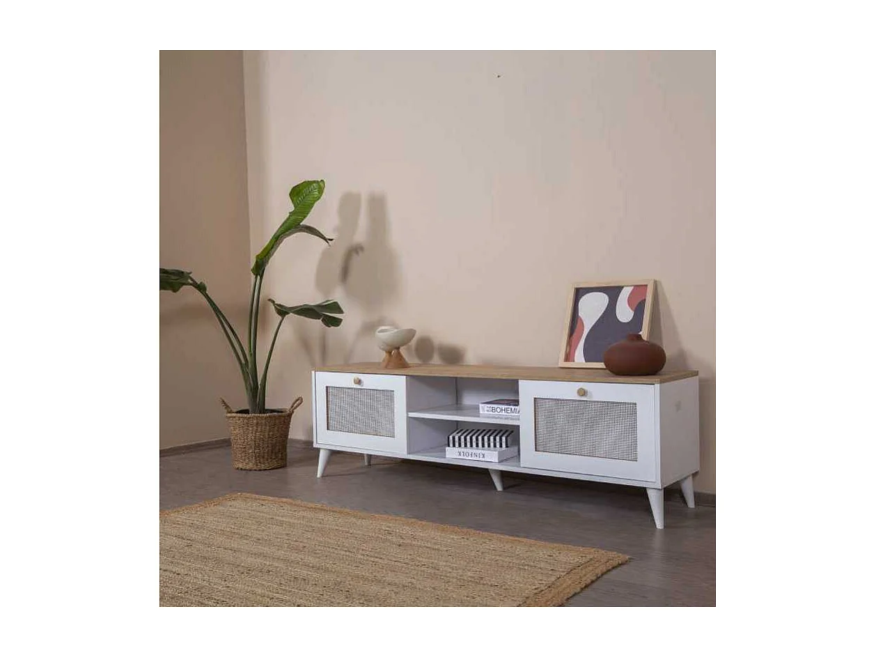 Meuble TV en aggloméré Calvin 180 x 41 x 55 cm - chêne et blanc