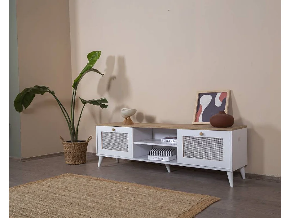 Meuble TV en aggloméré Calvin 180 x 41 x 55 cm - chêne et blanc