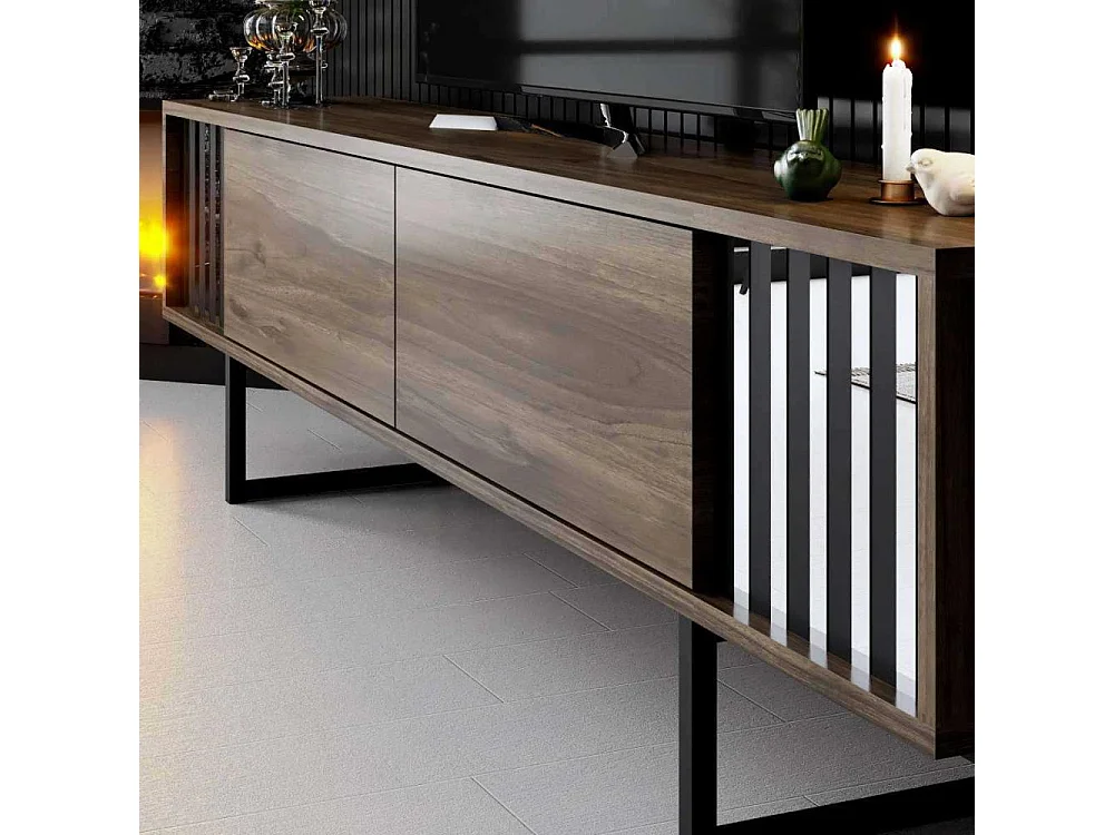 Mueble de TV – 180 cm x 30 cm x 48 cm – Nogal y Negro – MDF