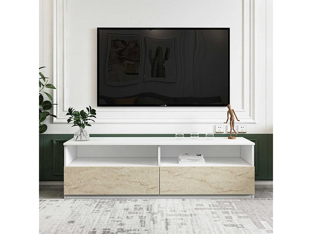 Móvel de TV – 144 cm x 49,8 cm – Branco e Travertino – MDF
