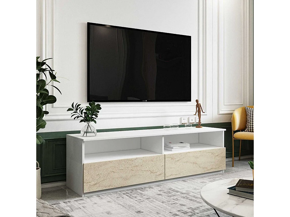 Móvel de TV – 144 cm x 49,8 cm – Branco e Travertino – MDF