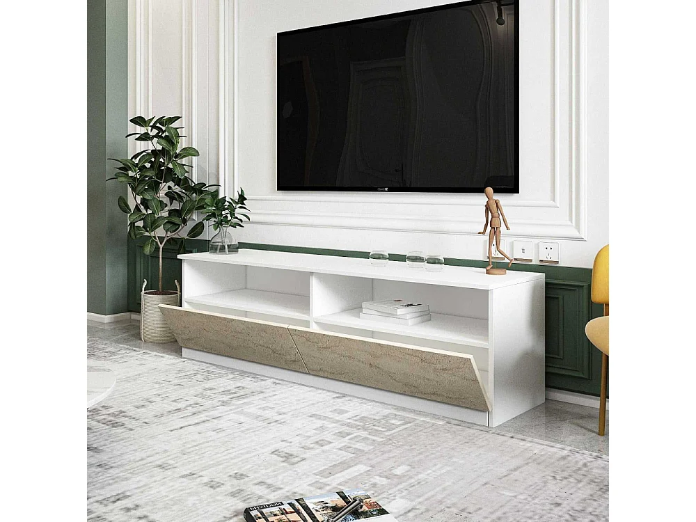 Móvel de TV – 144 cm x 49,8 cm – Branco e Travertino – MDF