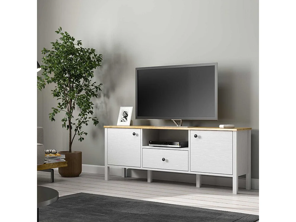 Móvel de TV – 150cm x 58cm x 35cm – Branco e Madeira – Aglomerado revestido de melamina