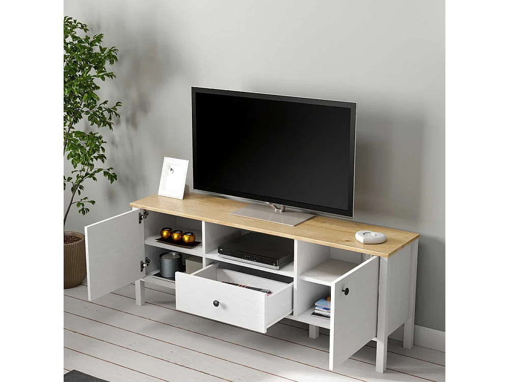 Móvel de TV – 150cm x 58cm x 35cm – Branco e Madeira – Aglomerado revestido de melamina