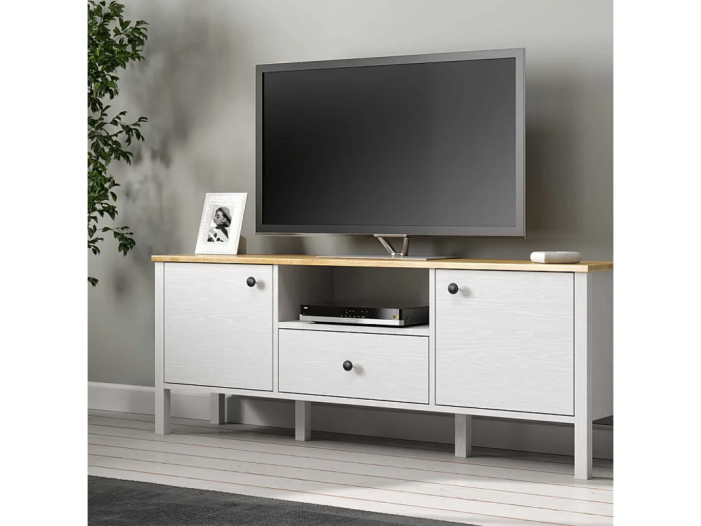 Móvel de TV – 150cm x 58cm x 35cm – Branco e Madeira – Aglomerado revestido de melamina