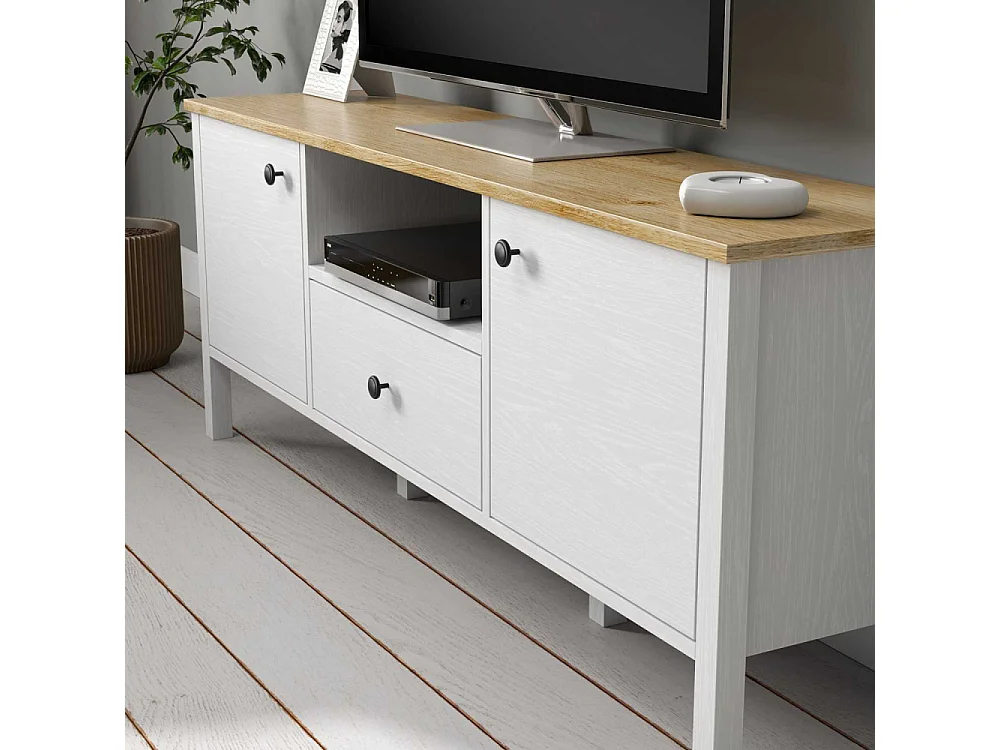 Móvel de TV – 150cm x 58cm x 35cm – Branco e Madeira – Aglomerado revestido de melamina