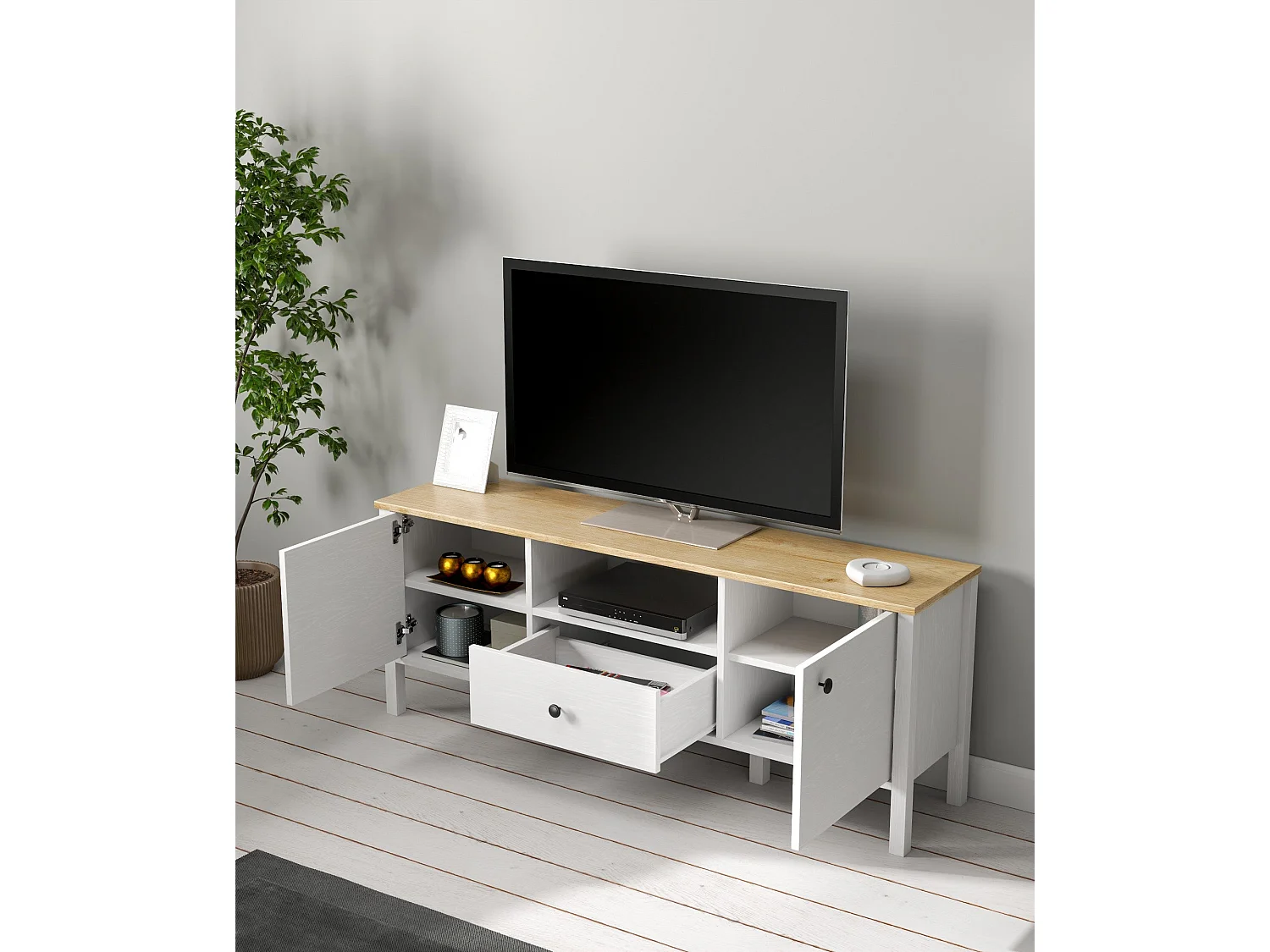 Móvel de TV – 150cm x 58cm x 35cm – Branco e Madeira – Aglomerado revestido de melamina