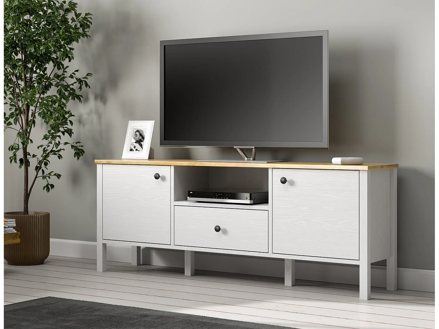 Móvel de TV – 150cm x 58cm x 35cm – Branco e Madeira – Aglomerado revestido de melamina