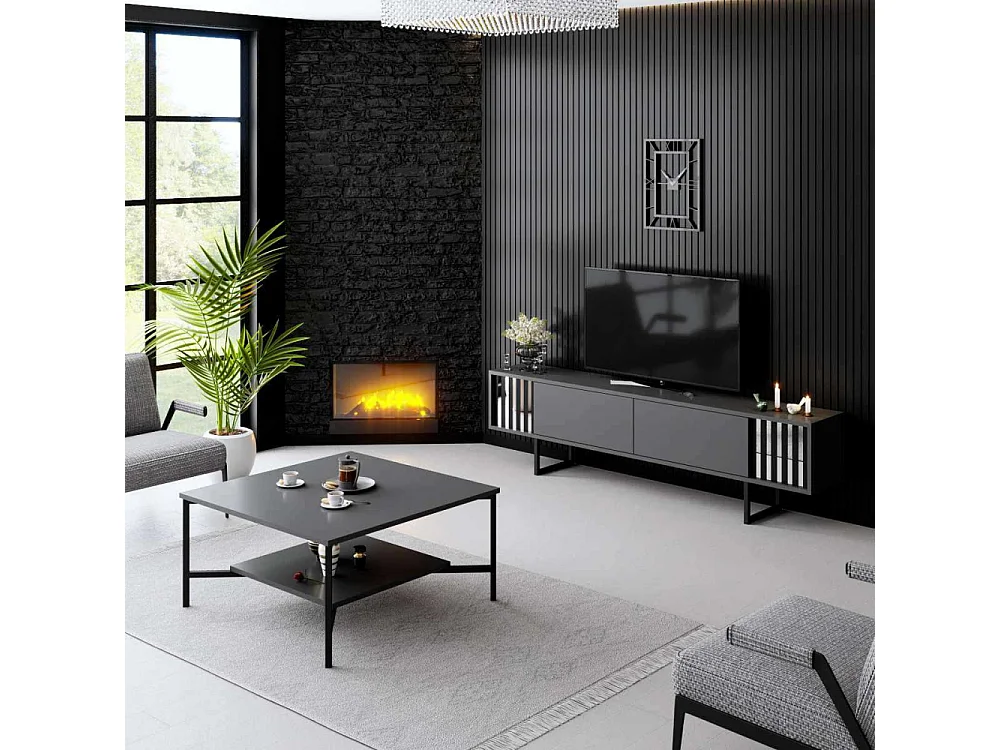 Móvel de TV – 180 cm x 30 cm x 48 cm – Antracite e Preto – Aglomerado com Melamina