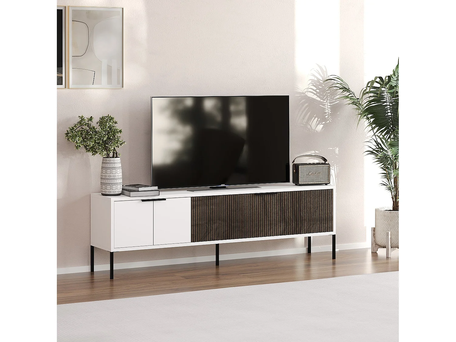 Mueble de TV – 150 cm x 45 cm x 30 cm – Blanco y Nogal – MDF