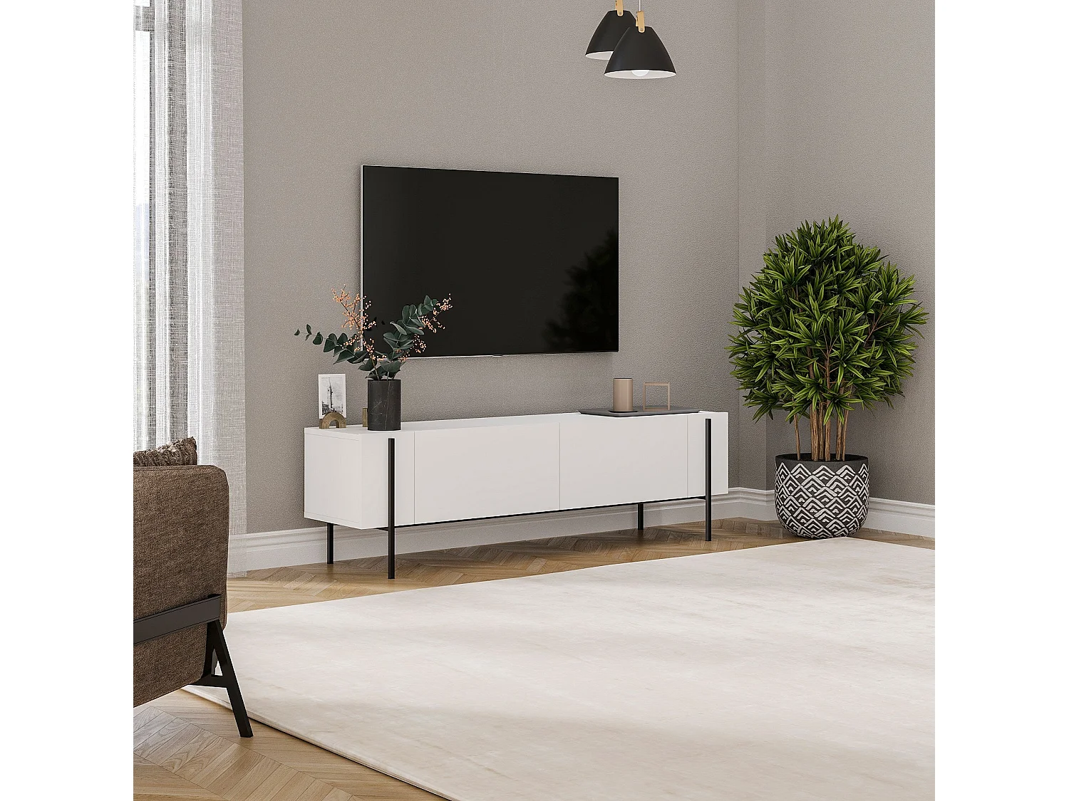 Mueble de TV – 160 cm x 45,6 cm x 31,4 cm – Blanco – Tablero de partículas recubierto de melamina