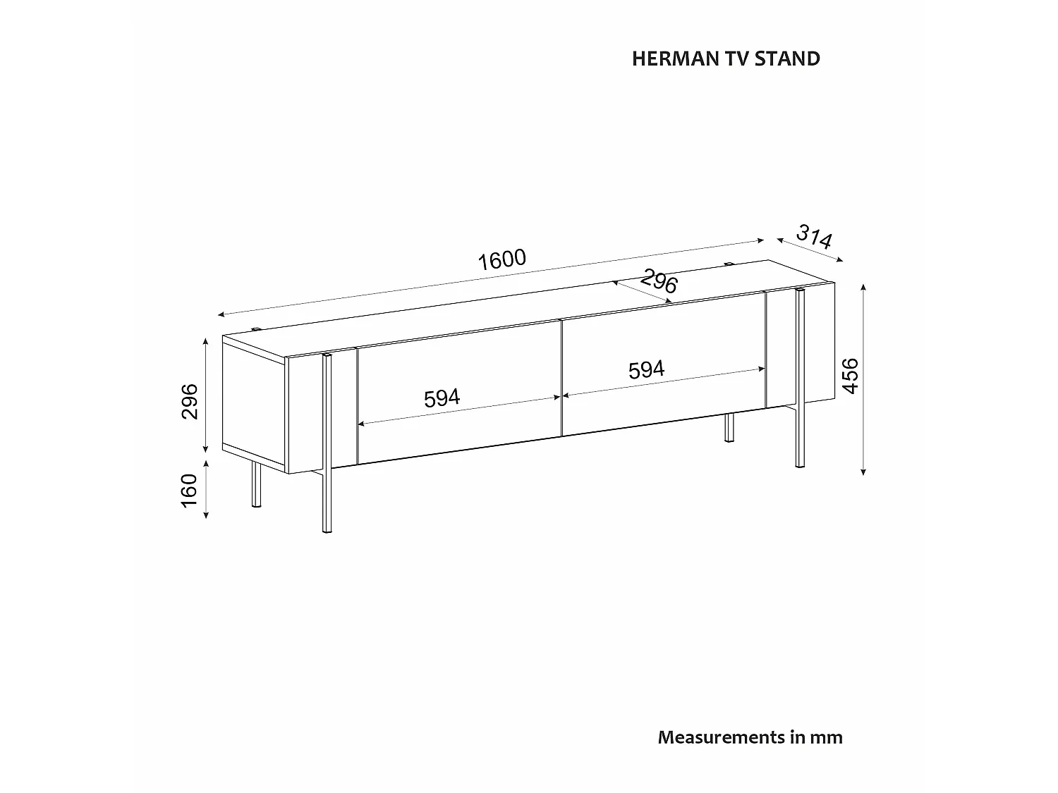 TV-Ständer – 160 cm x 45,6 cm x 31,4 cm – Weiß – Melaminbeschichtete Spanplatte