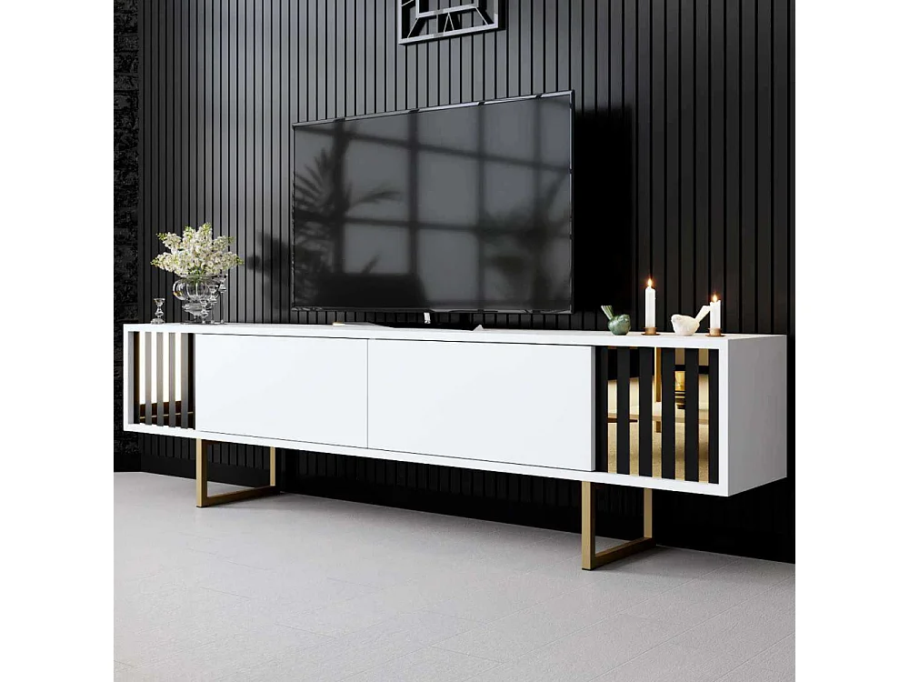 Mueble de TV – 180 cm x 30 cm x 48 cm – Blanco y Dorado – MDF
