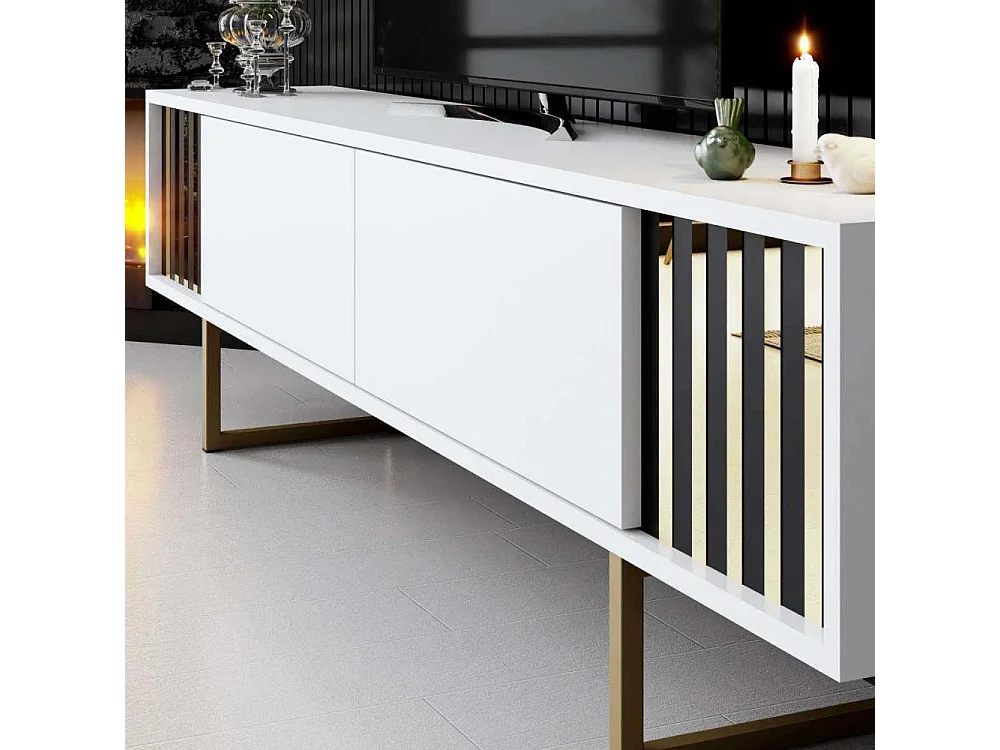 Mueble de TV – 180 cm x 30 cm x 48 cm – Blanco y Dorado – MDF