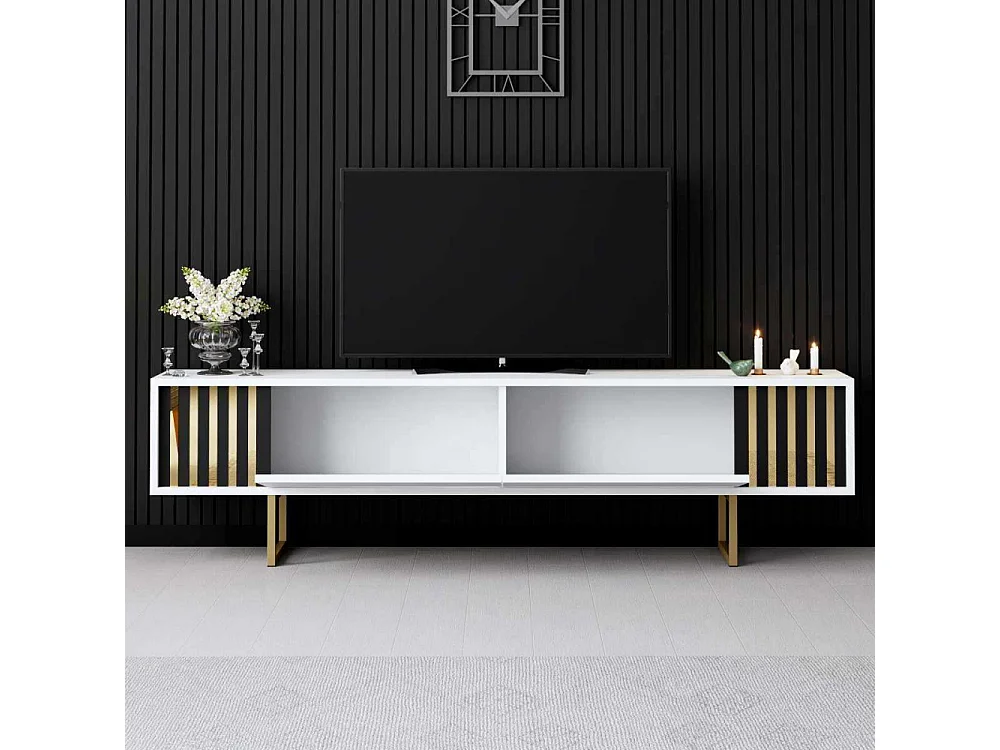 Mueble de TV – 180 cm x 30 cm x 48 cm – Blanco y Dorado – MDF