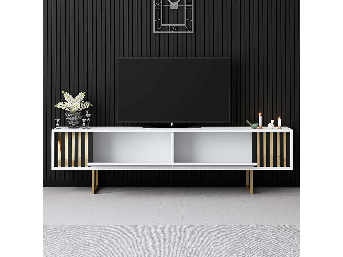 Mueble de TV – 180 cm x 30 cm x 48 cm – Blanco y Dorado – MDF