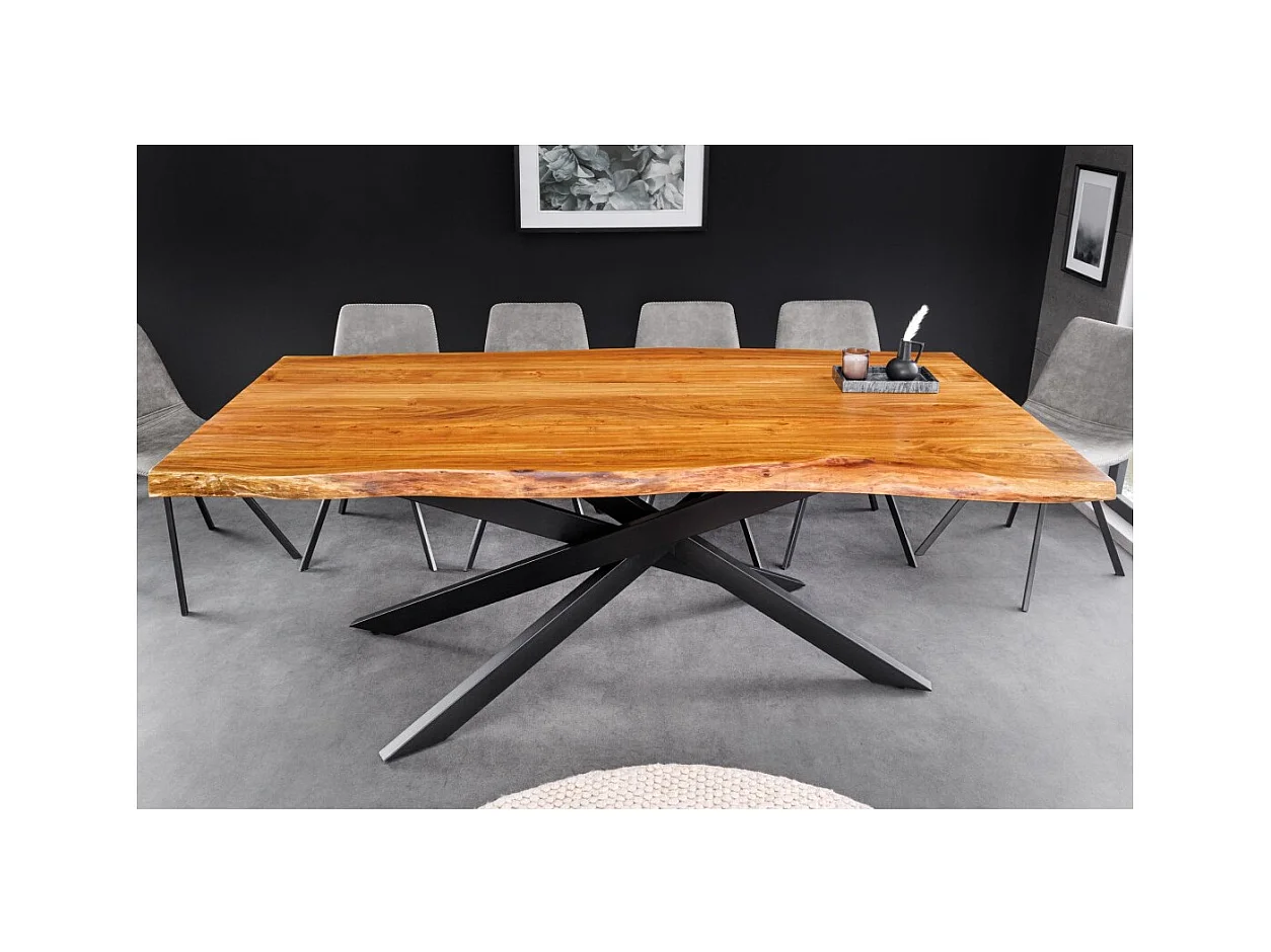 Table de salle à manger ARKAYA – Bois massif d'acacia verni et métal noir – 200 cm – Plateau épais 60 mm – Style industriel