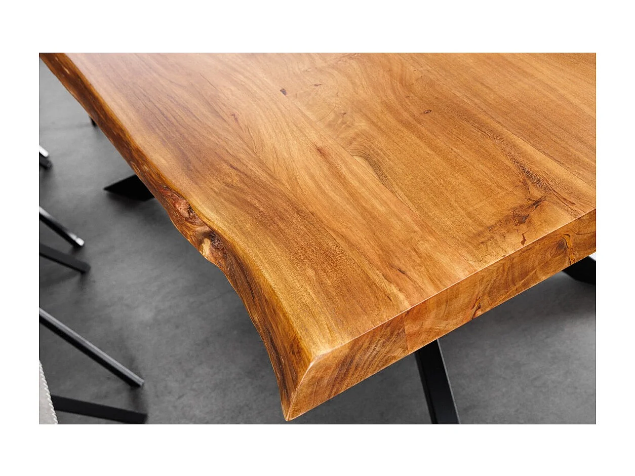 Table de salle à manger ARKAYA – Bois massif d'acacia verni et métal noir – 200 cm – Plateau épais 60 mm – Style industriel