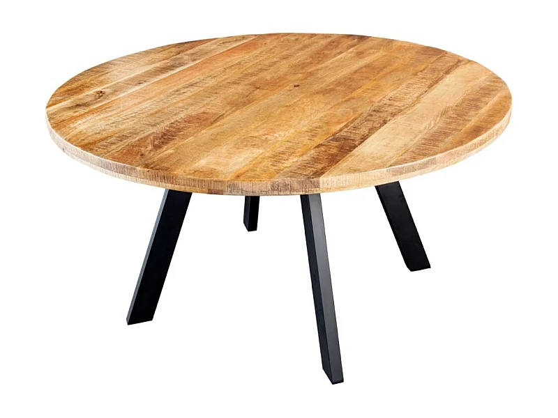 Table LODEN – Bois massif de manguier verni et métal noir – diamètre 145 cm – Style industriel