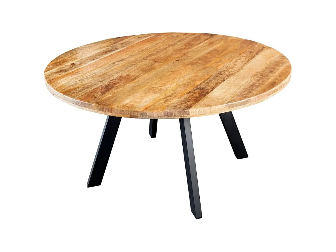 Table LODEN – Bois massif de manguier verni et métal noir – diamètre 145 cm – Style industriel
