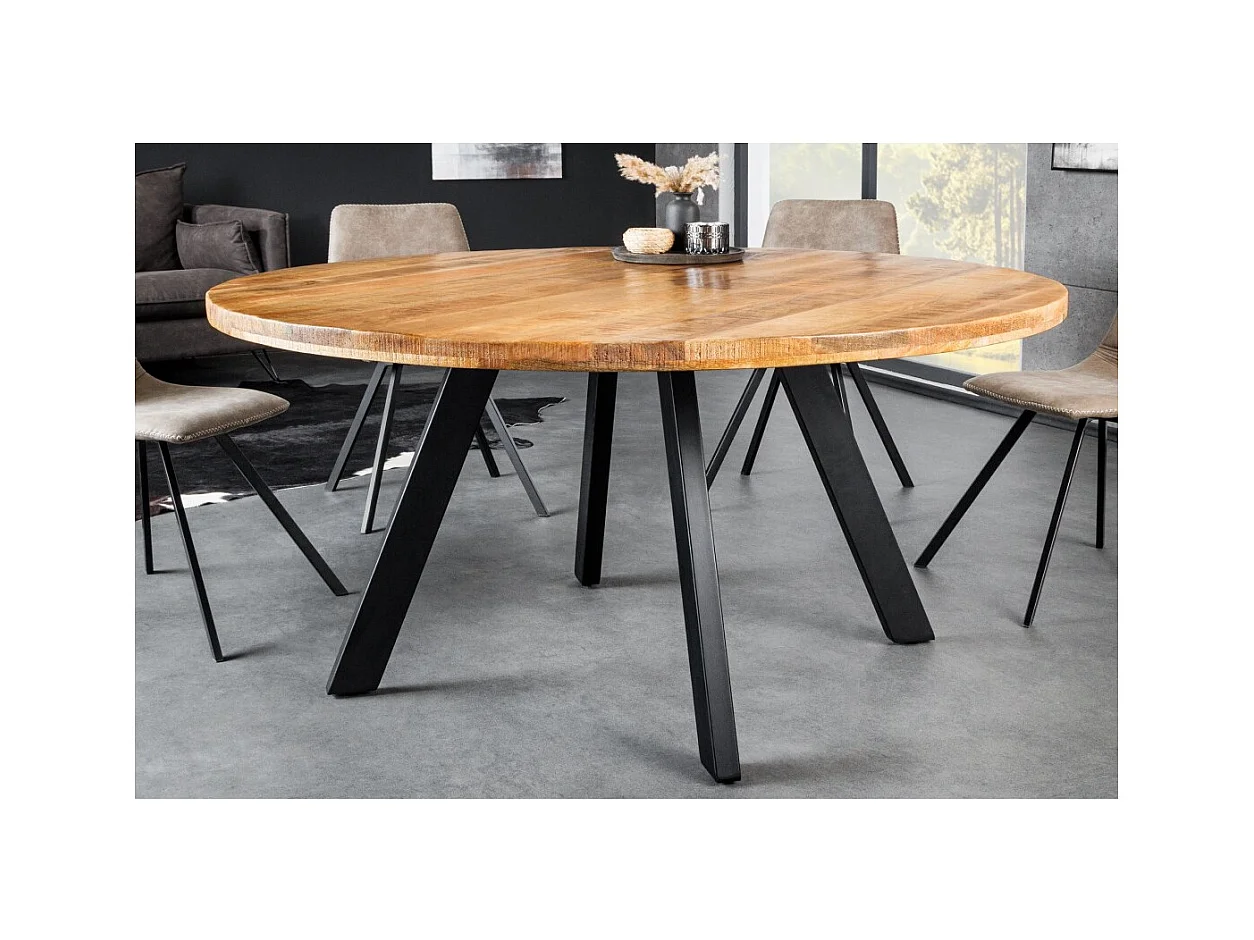 Table LODEN – Bois massif de manguier verni et métal noir – diamètre 145 cm – Style industriel