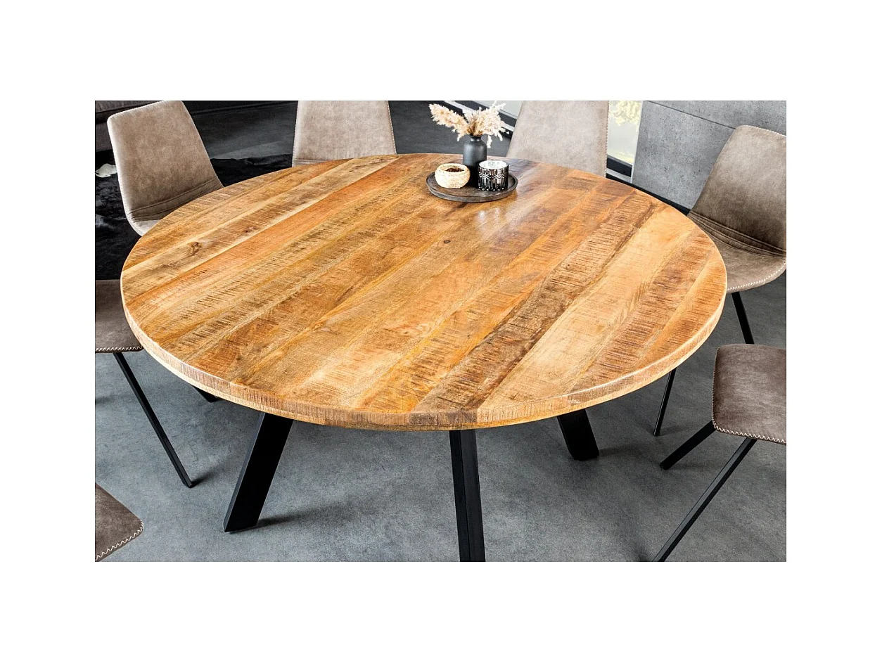Table LODEN – Bois massif de manguier verni et métal noir – diamètre 145 cm – Style industriel