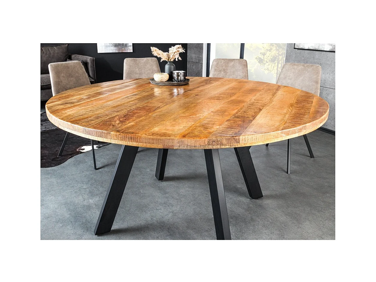 Table LODEN – Bois massif de manguier verni et métal noir – diamètre 145 cm – Style industriel