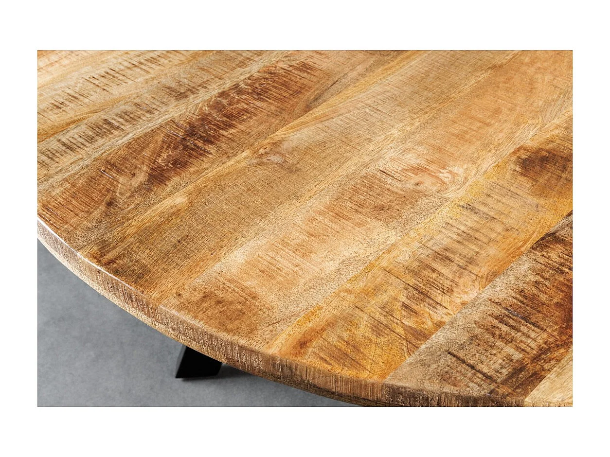 Table LODEN – Bois massif de manguier verni et métal noir – diamètre 145 cm – Style industriel