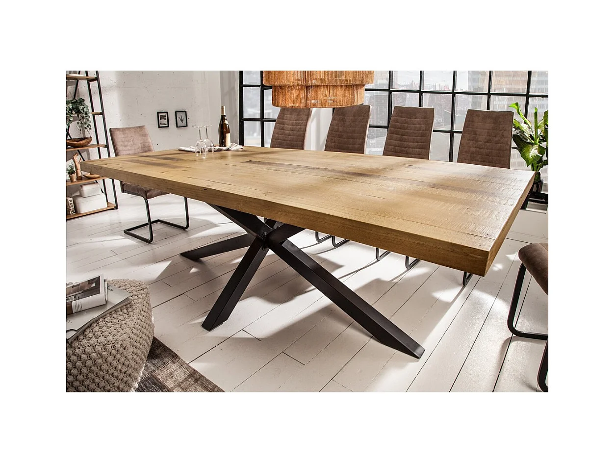 Table de salle à manger SOLARA – Bois de pin recyclé et métal noir – 200 cm – Plateau épais 60 mm – Style industriel