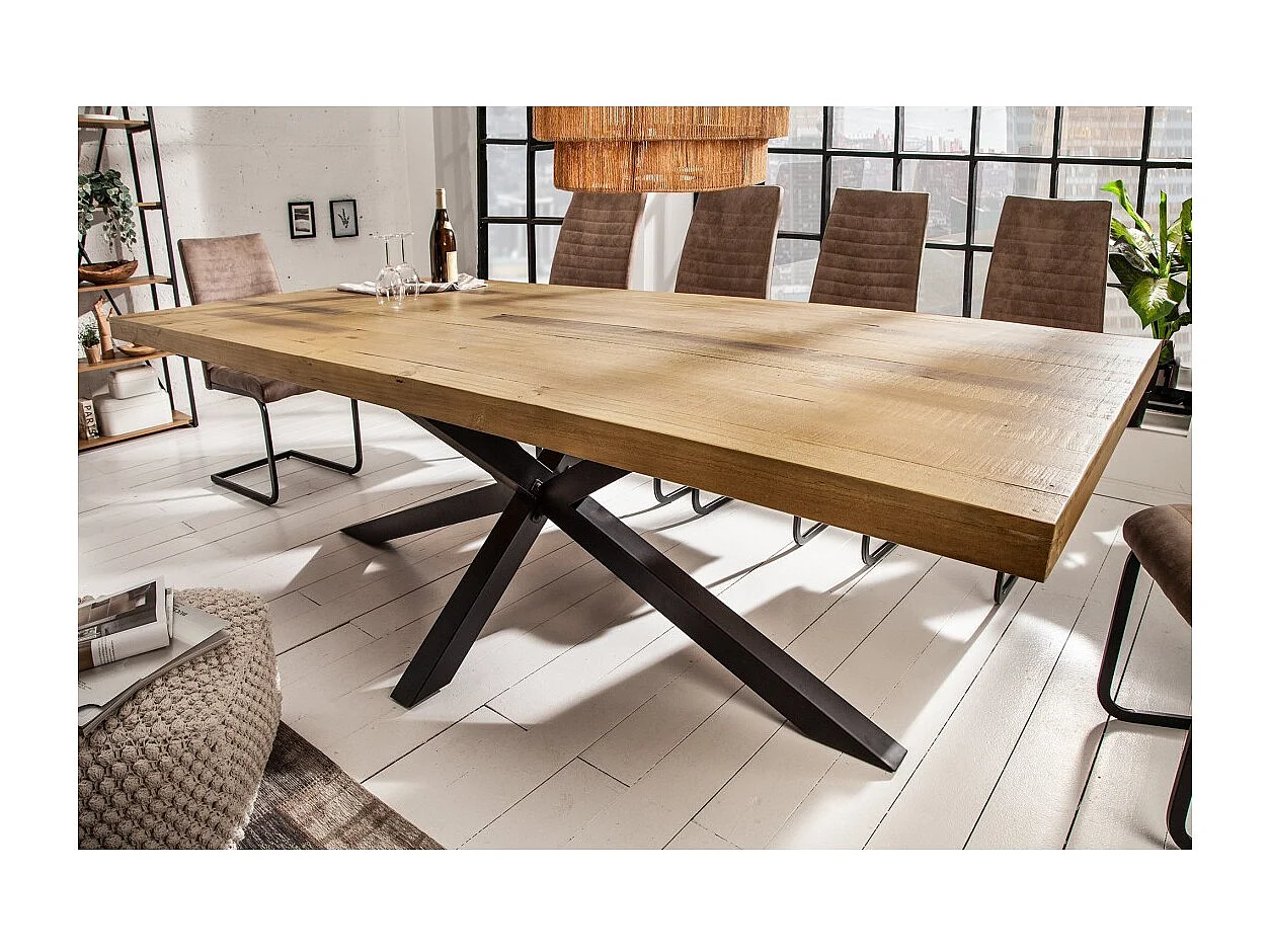 Table de salle à manger SOLARA – Bois de pin recyclé et métal noir – 200 cm – Plateau épais 60 mm – Style industriel