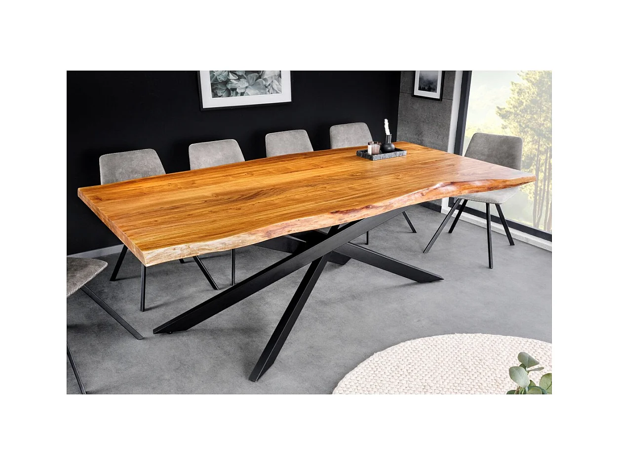Table de salle à manger ARKAYA – Bois massif d'acacia verni et métal noir – 200 cm – Plateau épais 35 mm – Style industriel