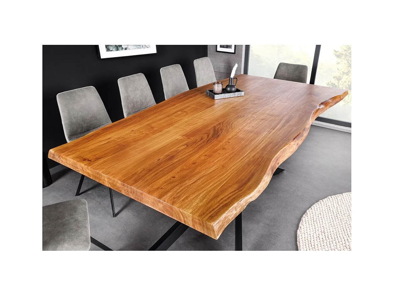 Table de salle à manger ARKAYA – Bois massif d'acacia verni et métal noir – 200 cm – Plateau épais 35 mm – Style industriel
