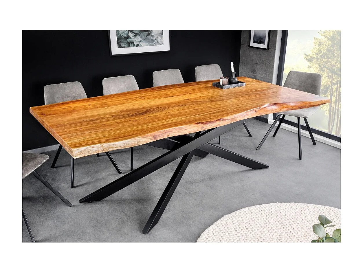 Table de salle à manger ARKAYA – Bois massif d'acacia verni et métal noir – 200 cm – Plateau épais 35 mm – Style industriel