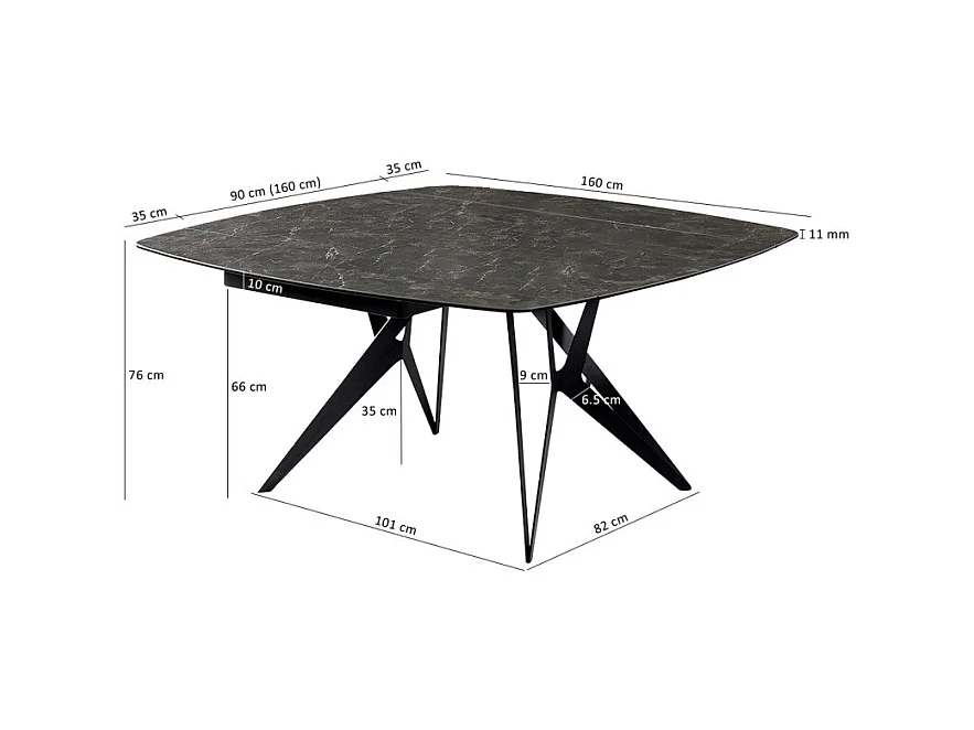 Table extensible 90 à 160 cm céramique gris anthracite marbré - EMMETT