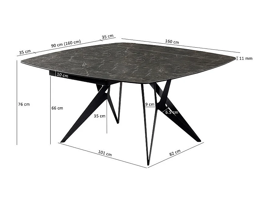 Table extensible 90 à 160 cm céramique gris anthracite marbré - EMMETT
