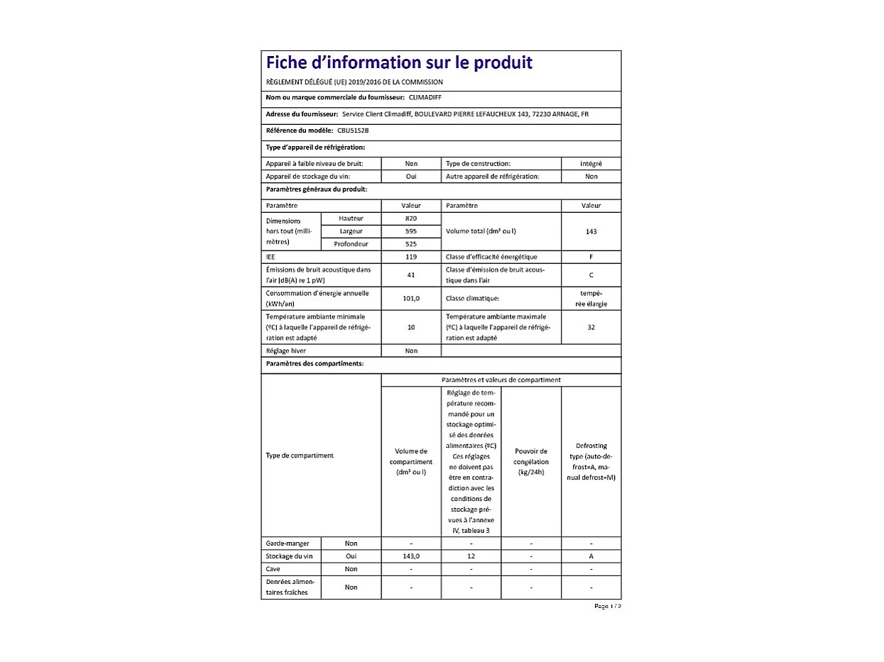 Climadiff Cave à vin de service encastrable 51 bouteilles - CBU51S2B